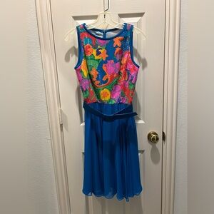 A.J. Bari Sleeveless Dress Multicolor Sequin Floral Bodice with Full Skirt